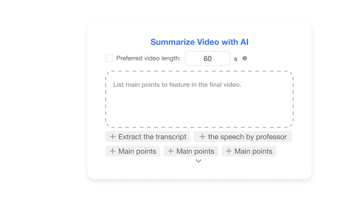 AI Video Editor AI Summary feature showing options to create the perfect video summary, set preferred video length, and guide the AI with prompts or topic suggestions.